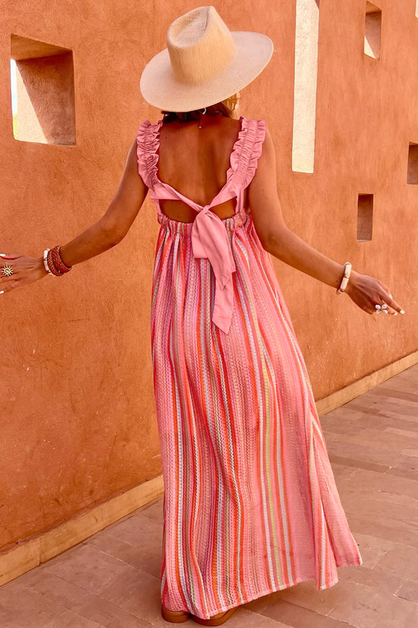 Pink Stripe Ruffled Straps Ribbon Knot Flowy Vacation Maxi Dress