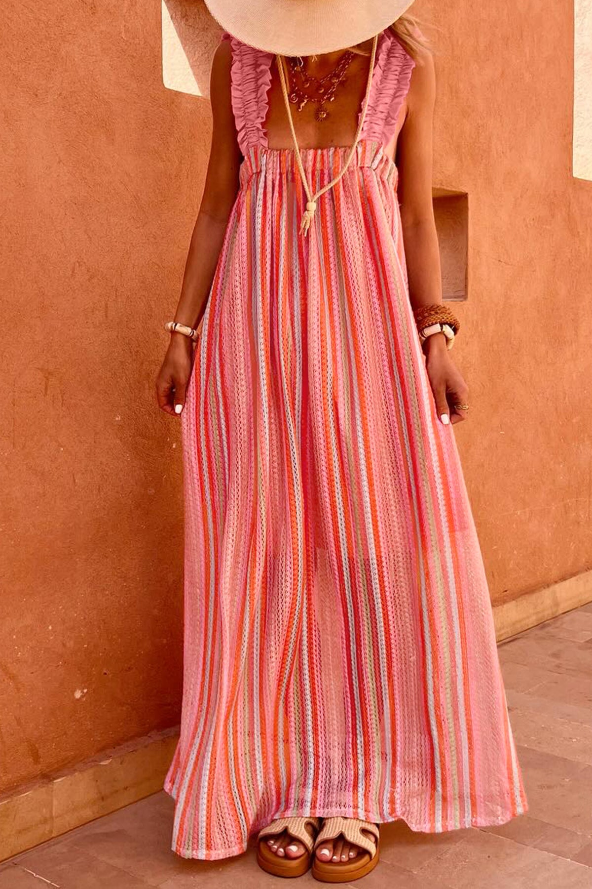 Pink Stripe Ruffled Straps Ribbon Knot Flowy Vacation Maxi Dress Main image