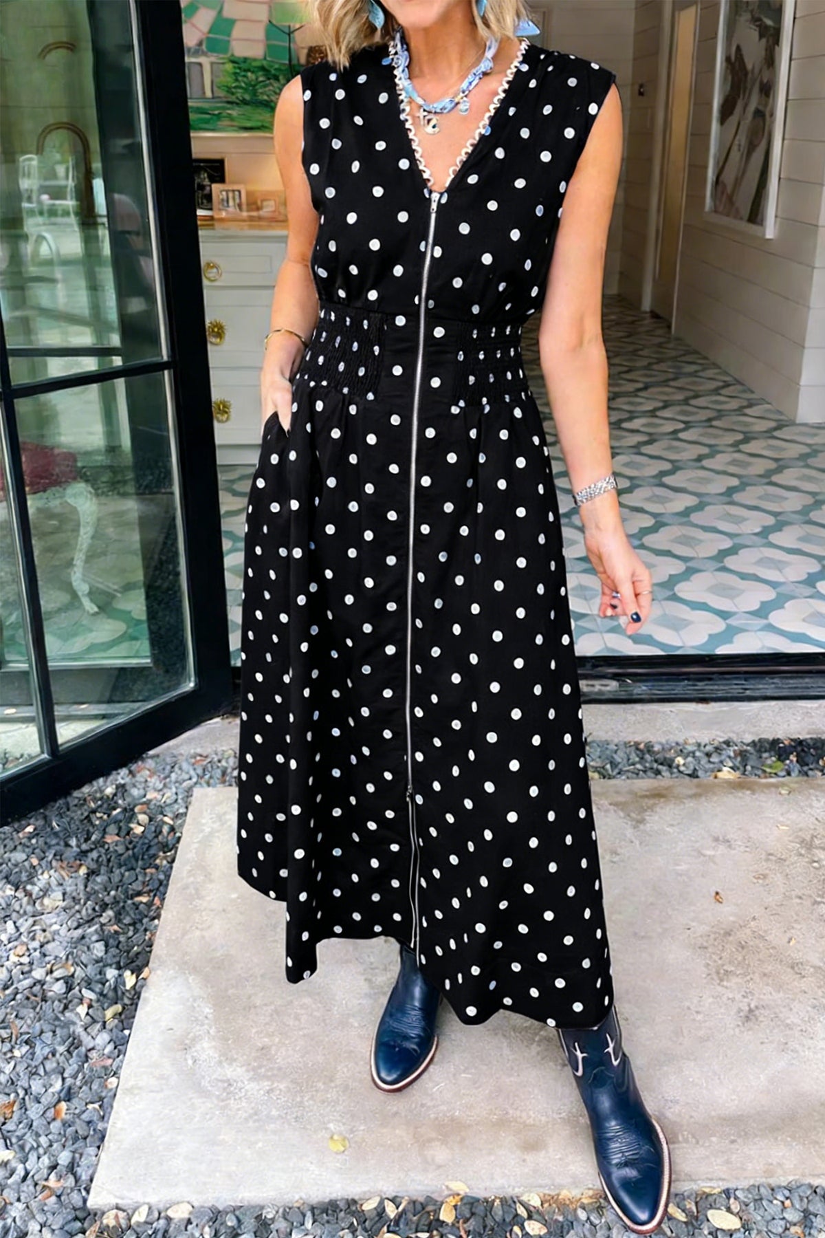 Black Polka Dot Print Contrast Trim V Neck Zip Up Sleeveless Dress Main image