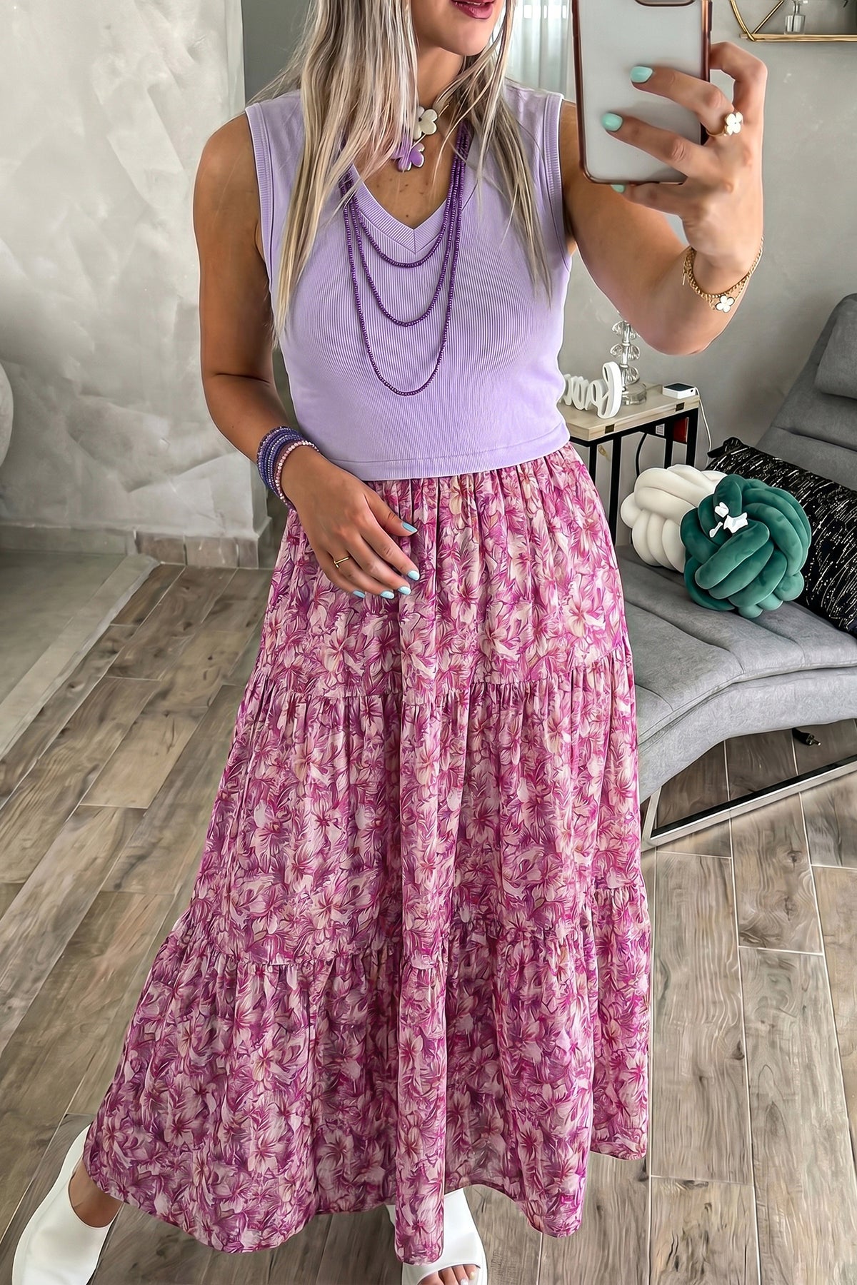 Purple Ribbed V Neck Tank Floral Contrast Patchwork Long Dress Main image