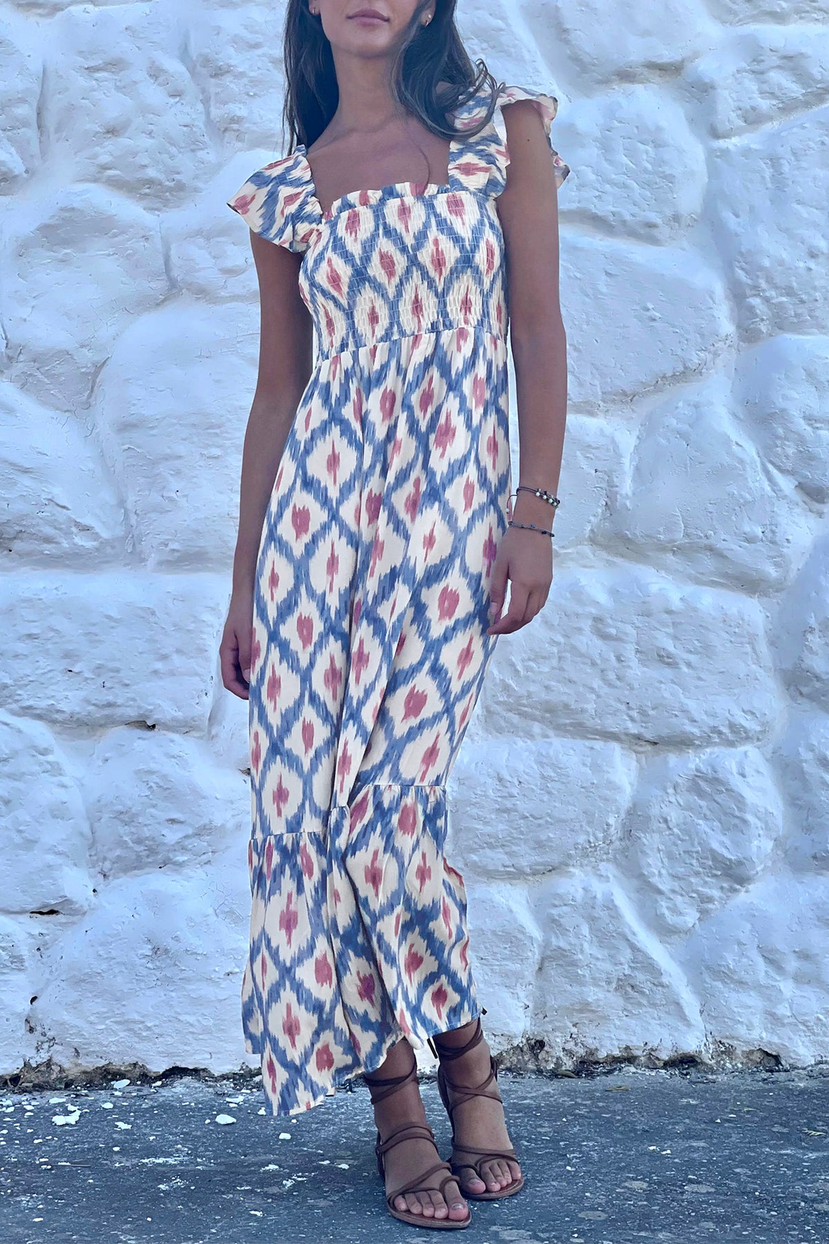 Sky Blue Ethnic Geometric Print Square Neck Smocked High Waist Ruffle Sleeve Dress Main image