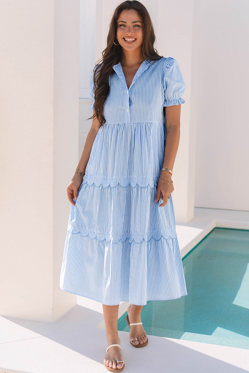 Sky Blue Stripe Bubble Short Sleeve Tiered Scallop Long Dress Main image