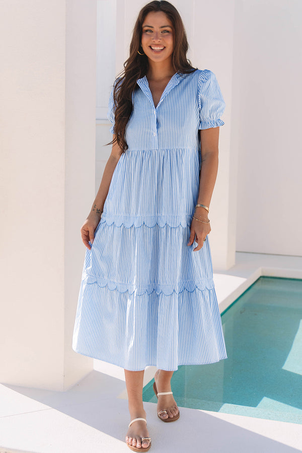 Sky Blue Stripe Bubble Short Sleeve Tiered Scallop Long Dress