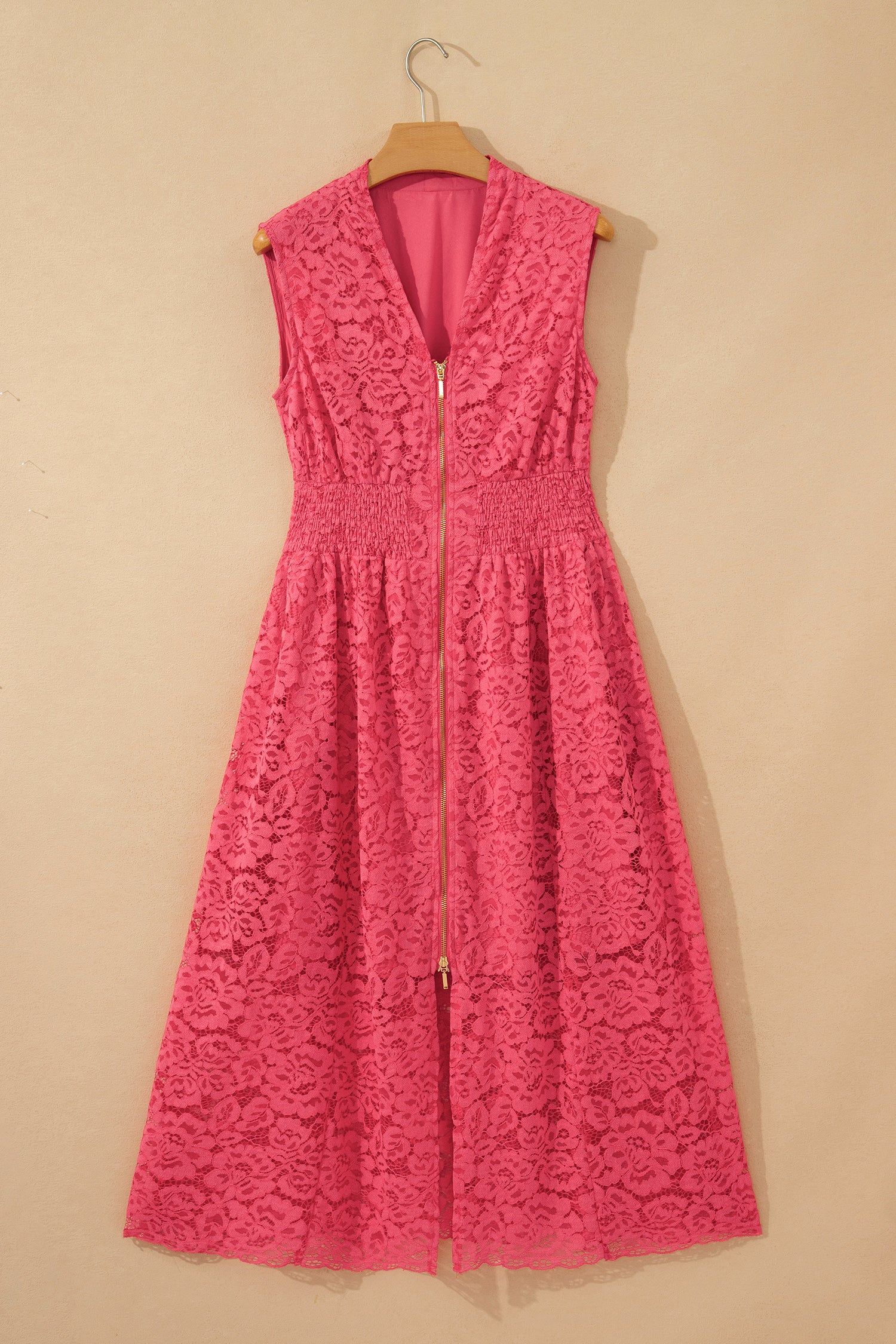 Coral Floral Lace Overlay Zip Up V Neck Smocked Waist Sleeveless Dress Secondary image