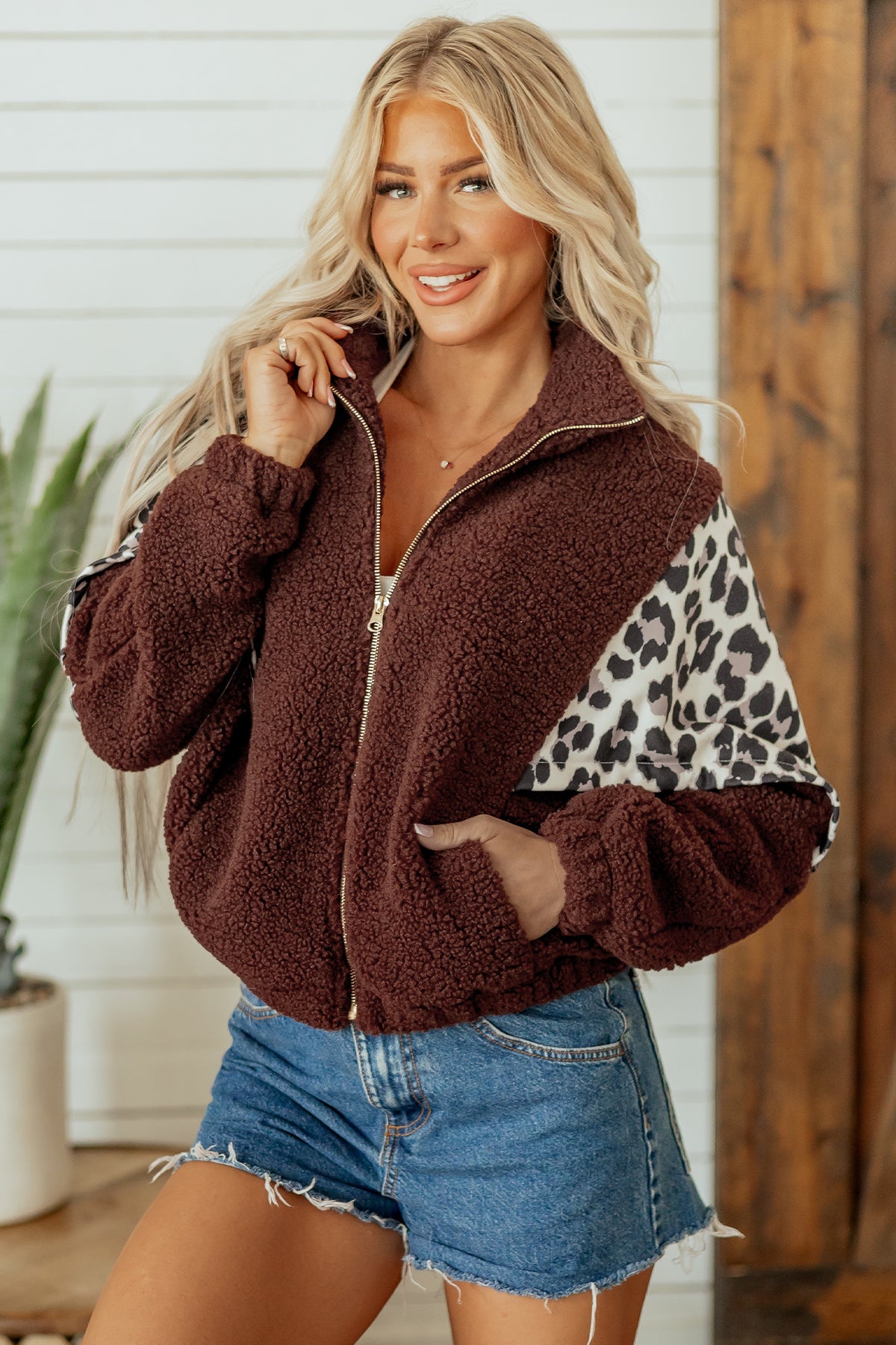 Coffee Leopard Patchwork Fleece Western Style Zip-up Collar Jacket Main image