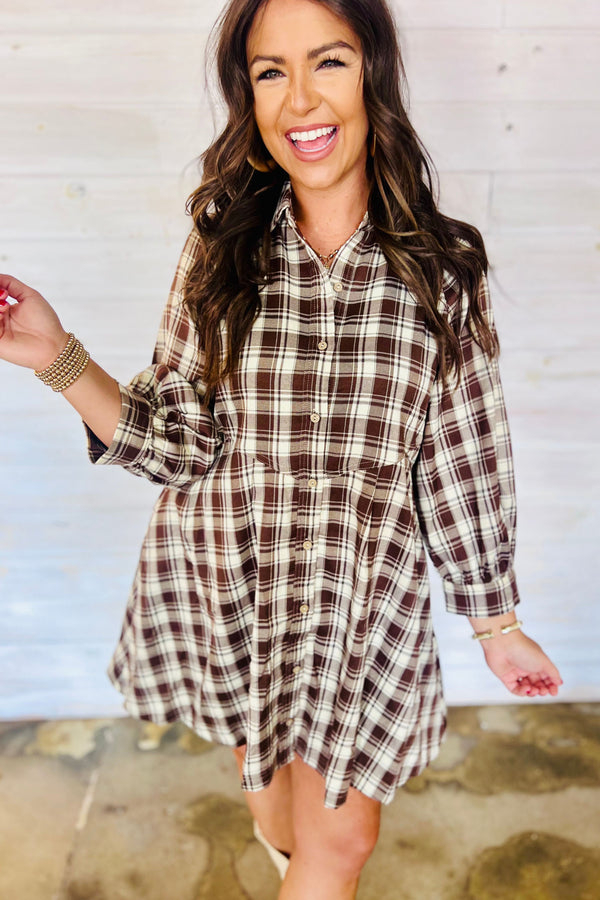 Brown 100% Cotton Plaid Long Sleeve Short Shift Mini Dress