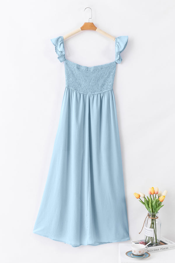 Sky Blue Off Shoulder Ruched Bust Sheer Slit Maxi Dress
