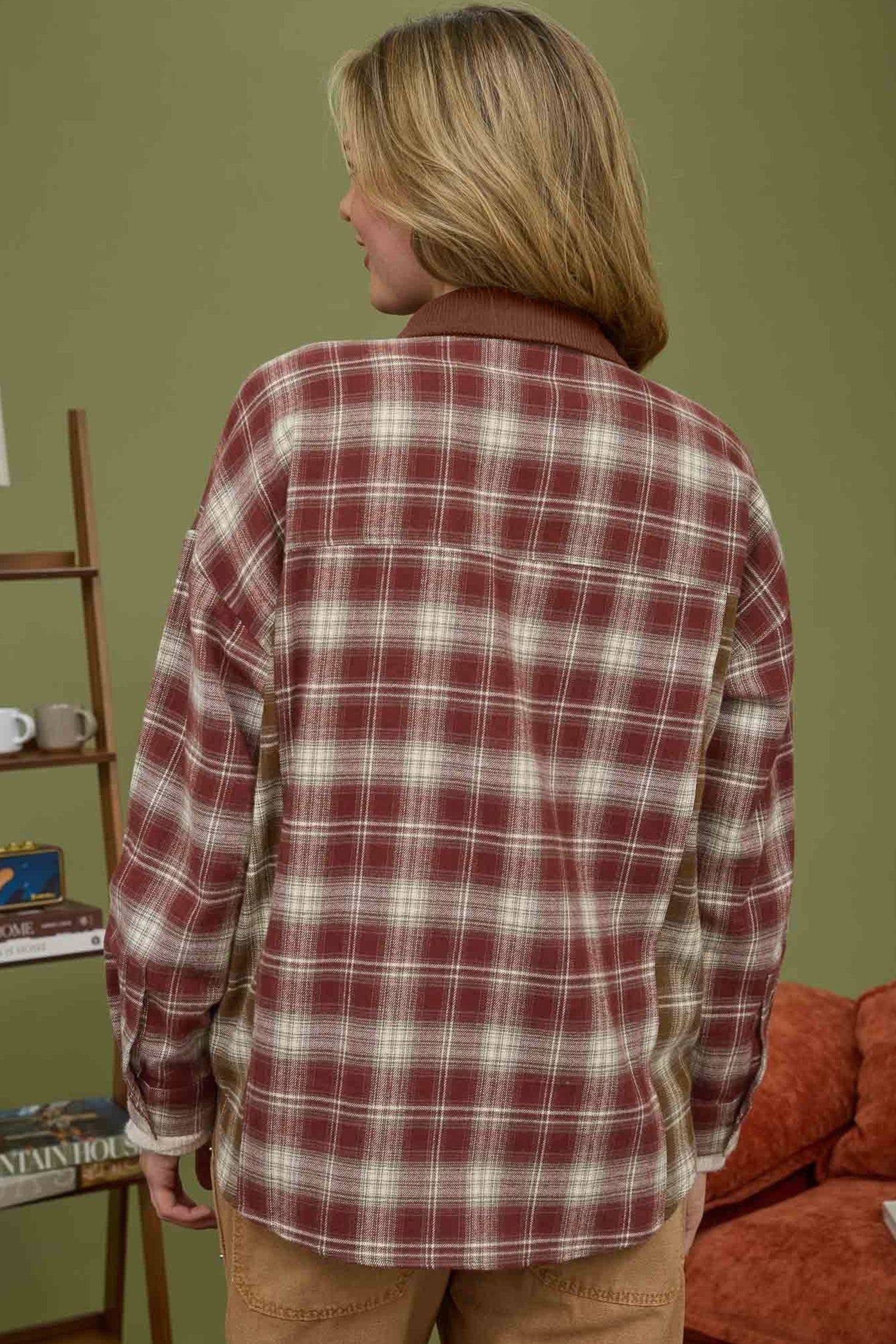 Red Contrast Plaid Long Sleeve Button Down Shacket Secondary image