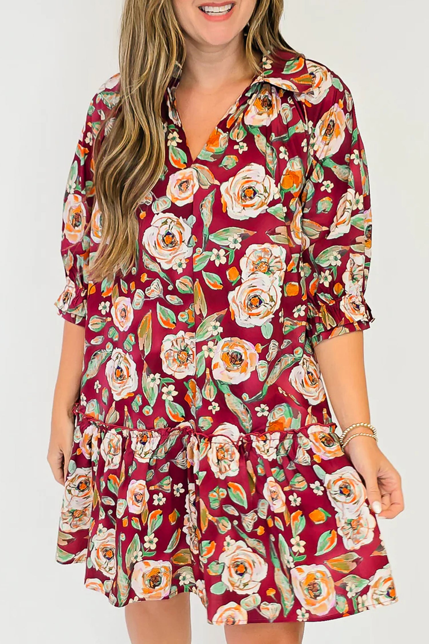 Red 100% Cotton Floral Print Half Sleeve Short Shift Dress Secondary image