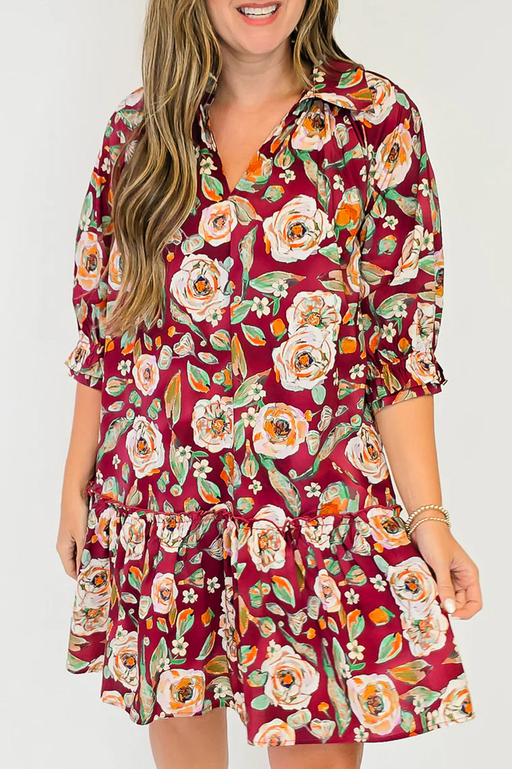 Red 100% Cotton Floral Print Half Sleeve Short Shift Dress