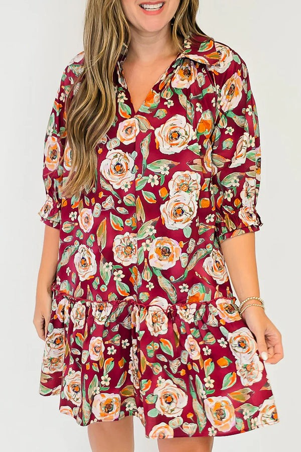 Red 100% Cotton Floral Print Half Sleeve Short Shift Dress
