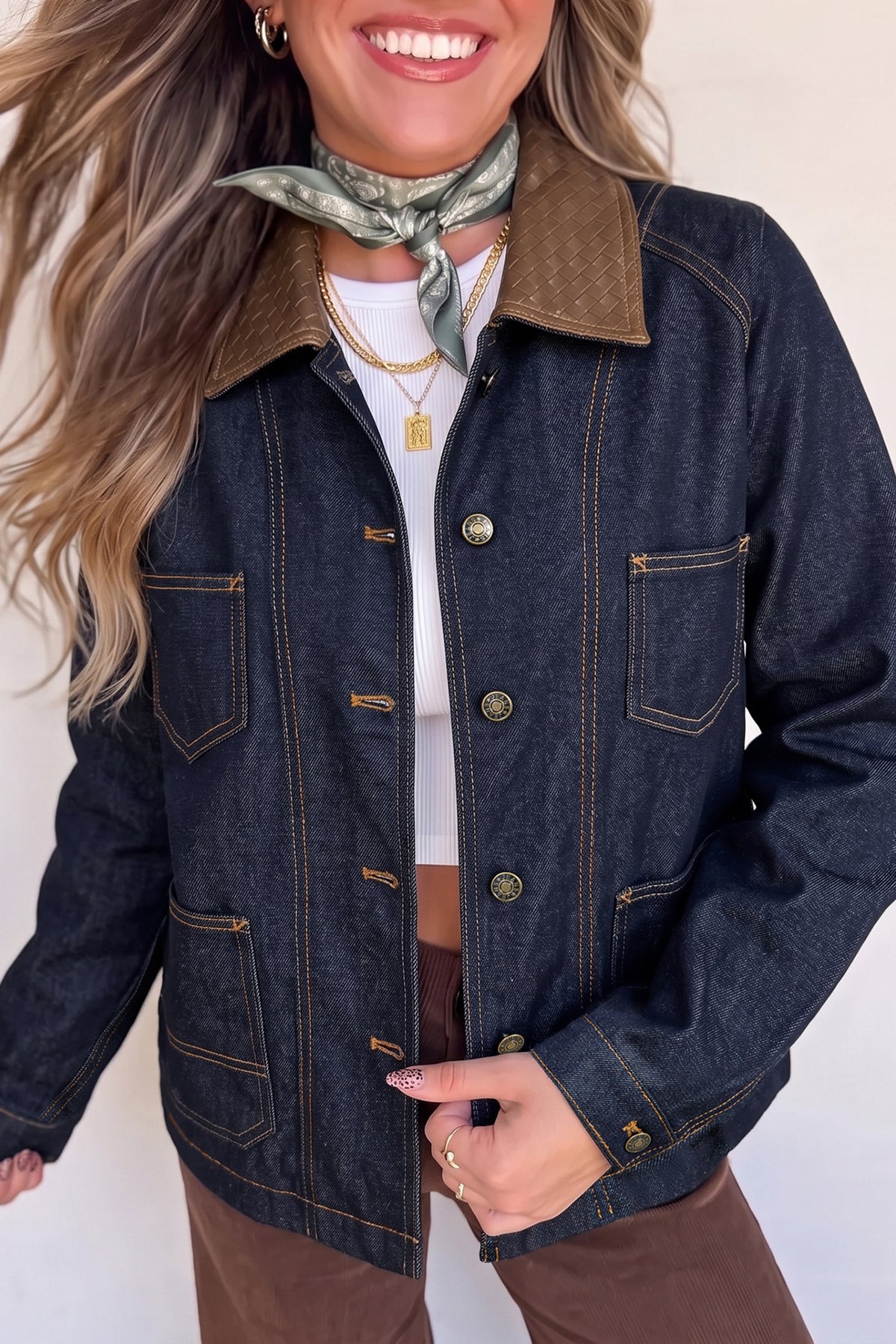 Navy Blue Contrast Collar Stitched Detail Button Denim Jacket Main image