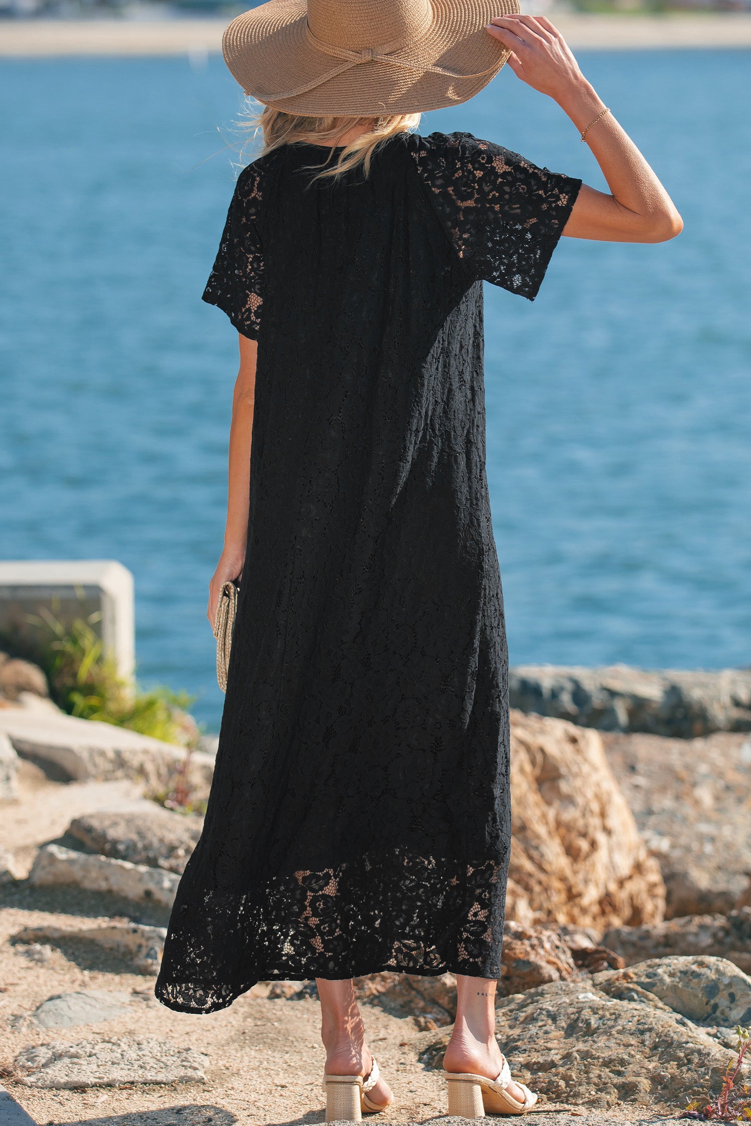 Black Floral Lace Overlay Tassel Tie Short Sleeve Beach Vacation Loose Maxi Dress Secondary image