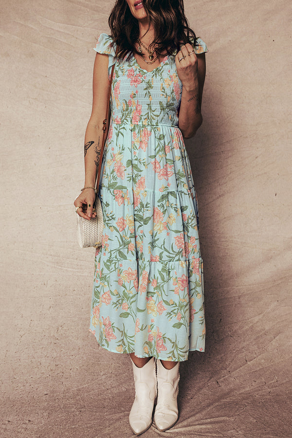 Yellow Smocked Bodice Ruffled Sleeveless Tiered Floral Maxi Dress