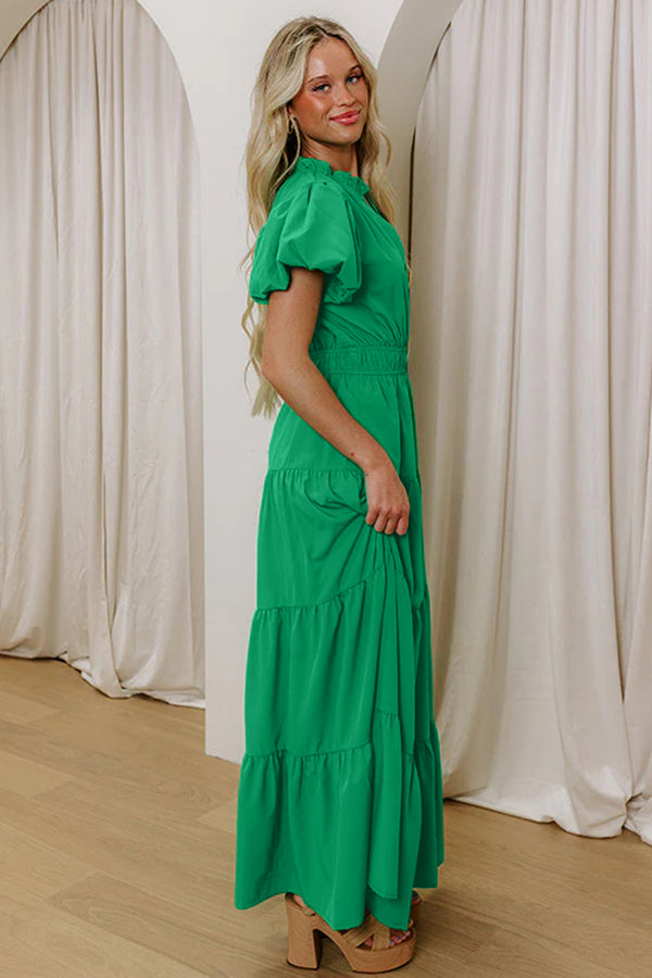 Bright Green Solid Color V Neck Short Puff Sleeve High Waist Tiered Maxi Dress