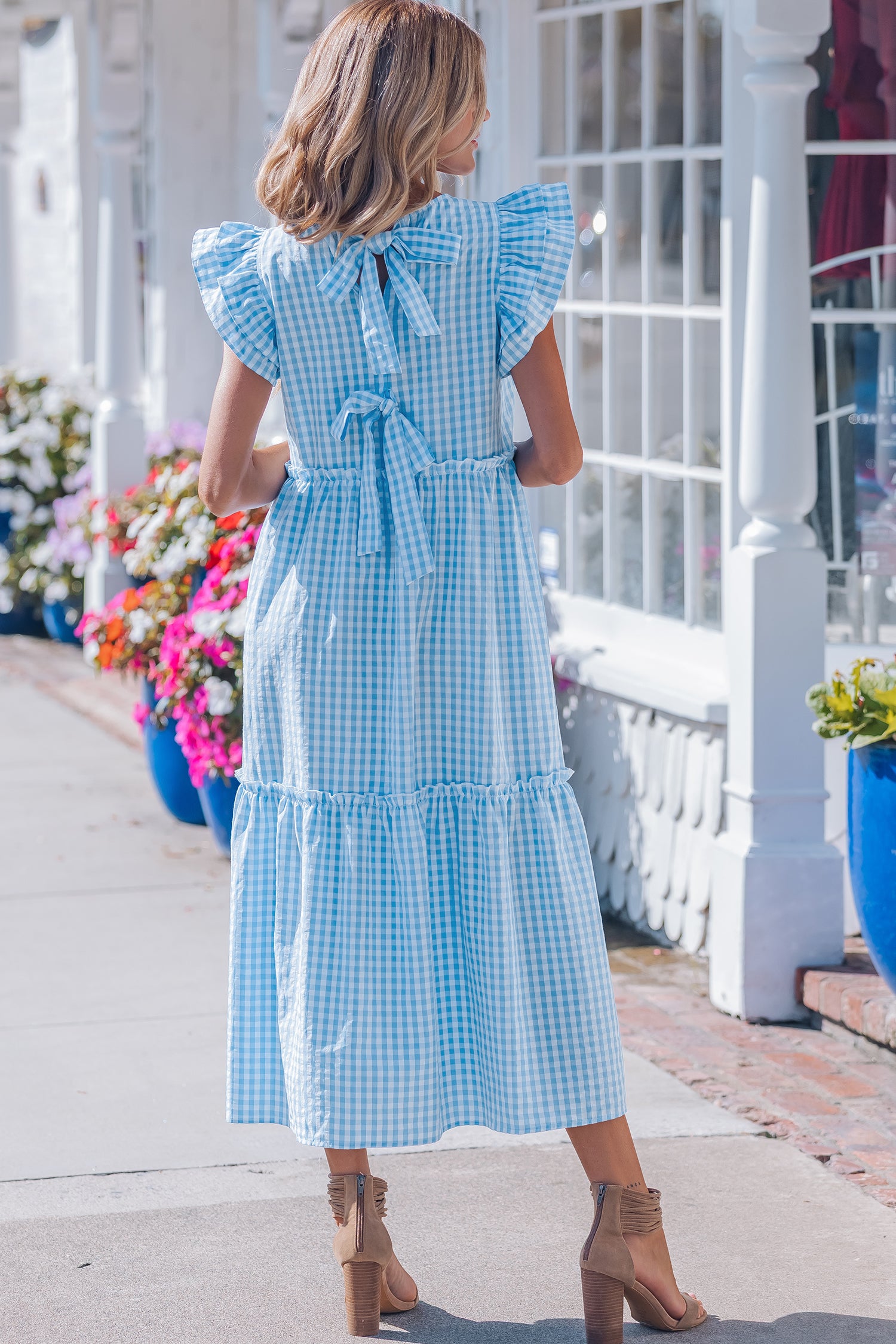 Sky Blue Knot Back Ruffled Short Sleeve Gingham Maxi Dress Secondary image