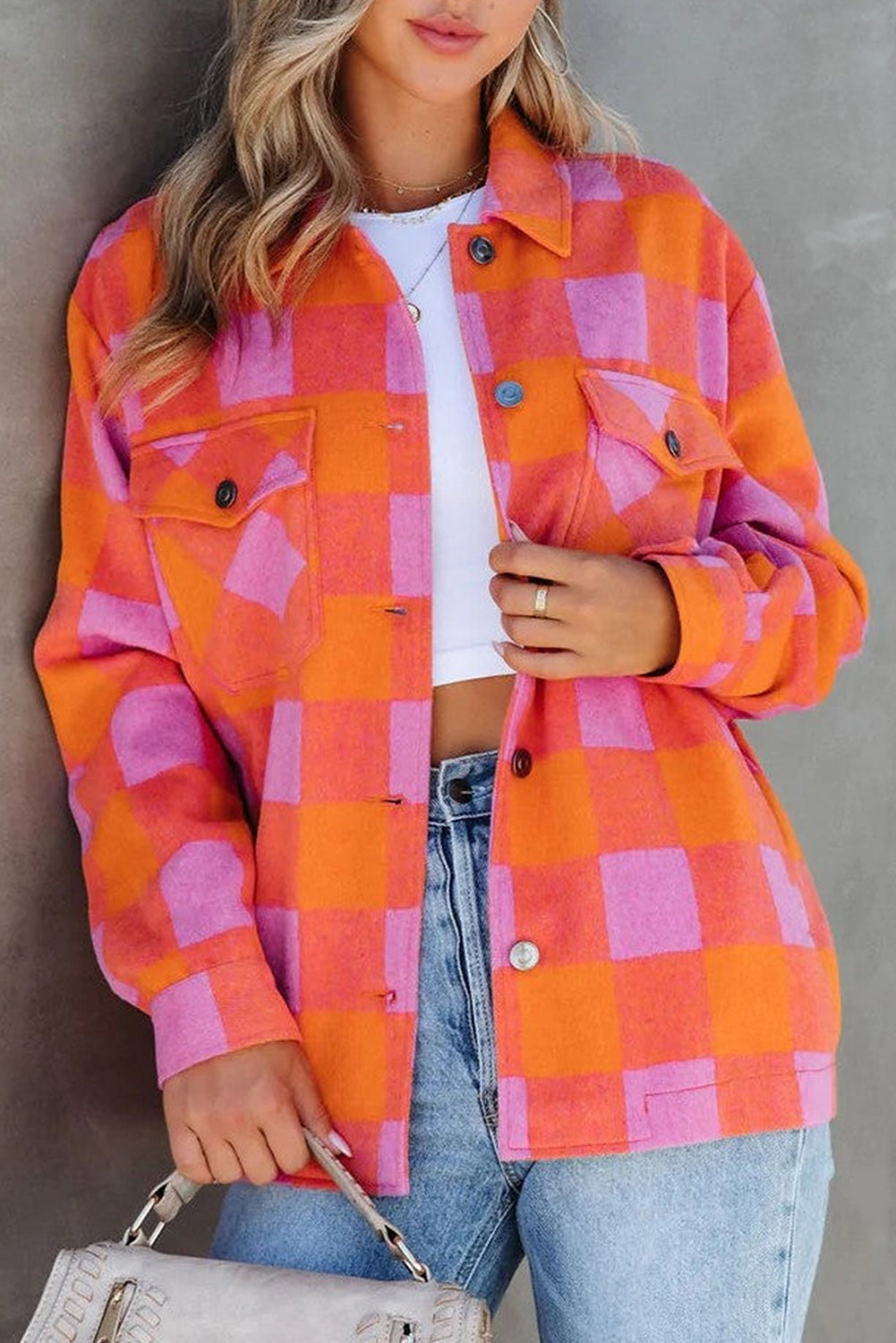 Orange Plaid Chest Pockets Button-up Turn Down Collar Jacket Main image