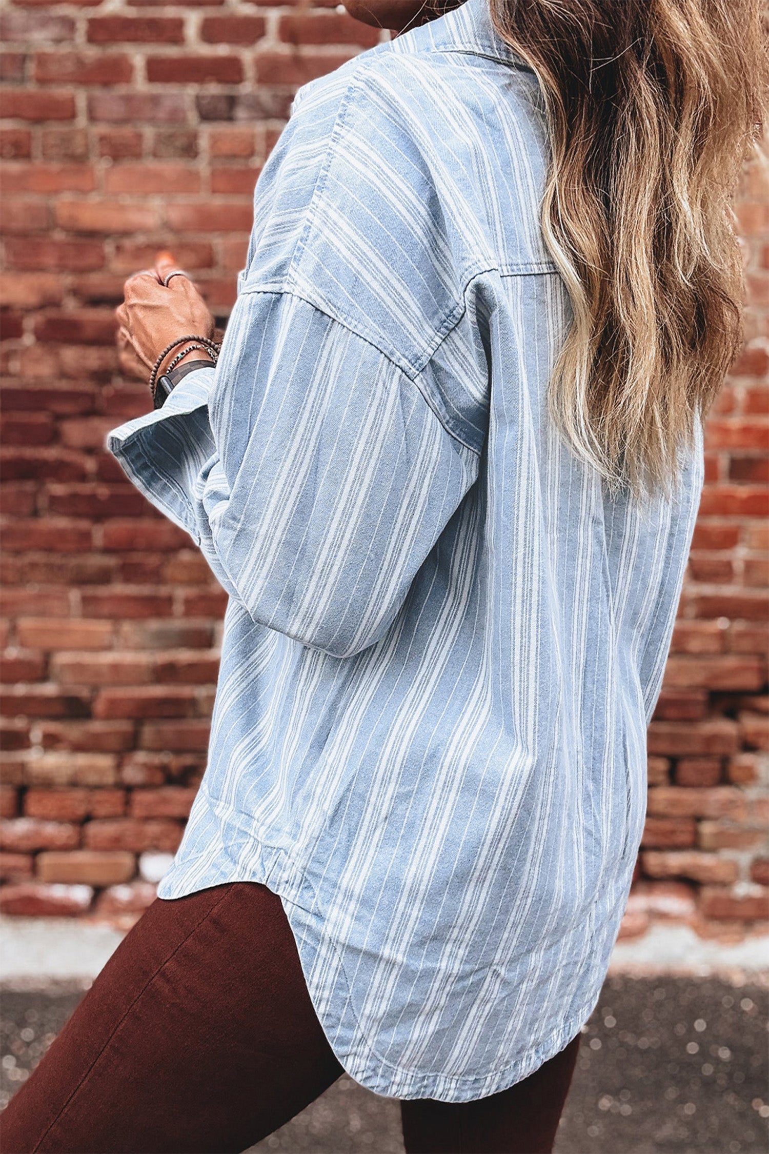 Sky Blue Stripe Boyfriend Chest Pocket Classic Denim Shacket Secondary image