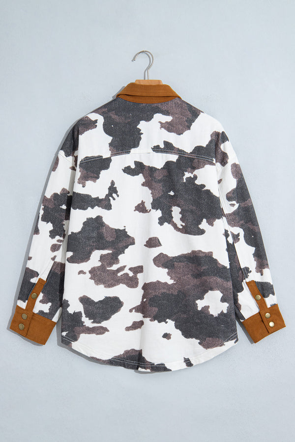 Multicolour 100% Cotton Western Cow Print Long Sleeve Button-Up Denim Jacket