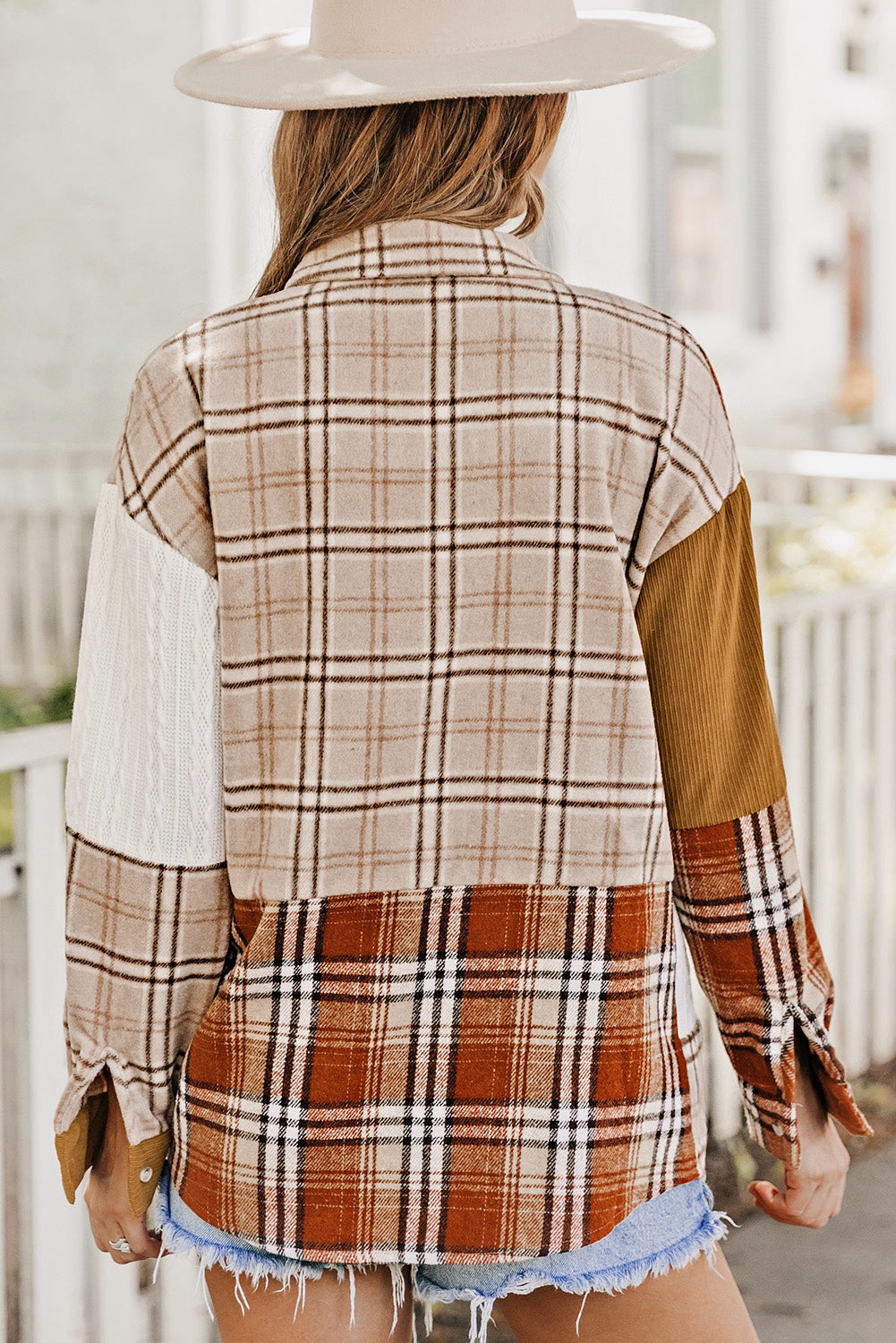 Orange Plaid Color Block Patchwork Shirt Jacket with Pocket Secondary image