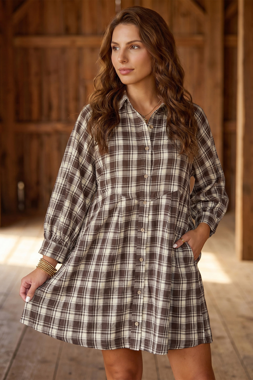 Brown 100% Cotton Plaid Long Sleeve Short Shift Mini Dress