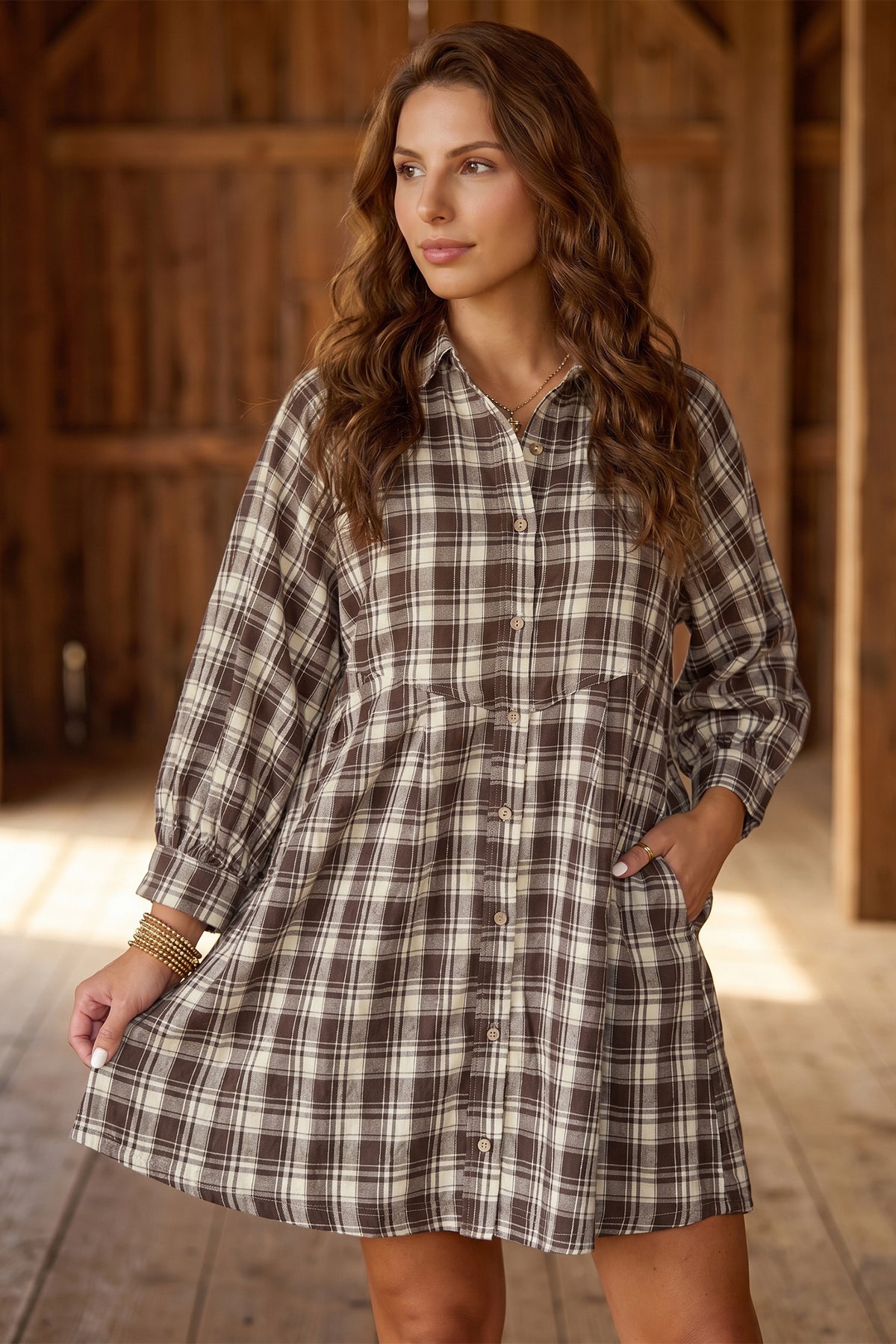 Brown 100% Cotton Plaid Long Sleeve Short Shift Mini Dress