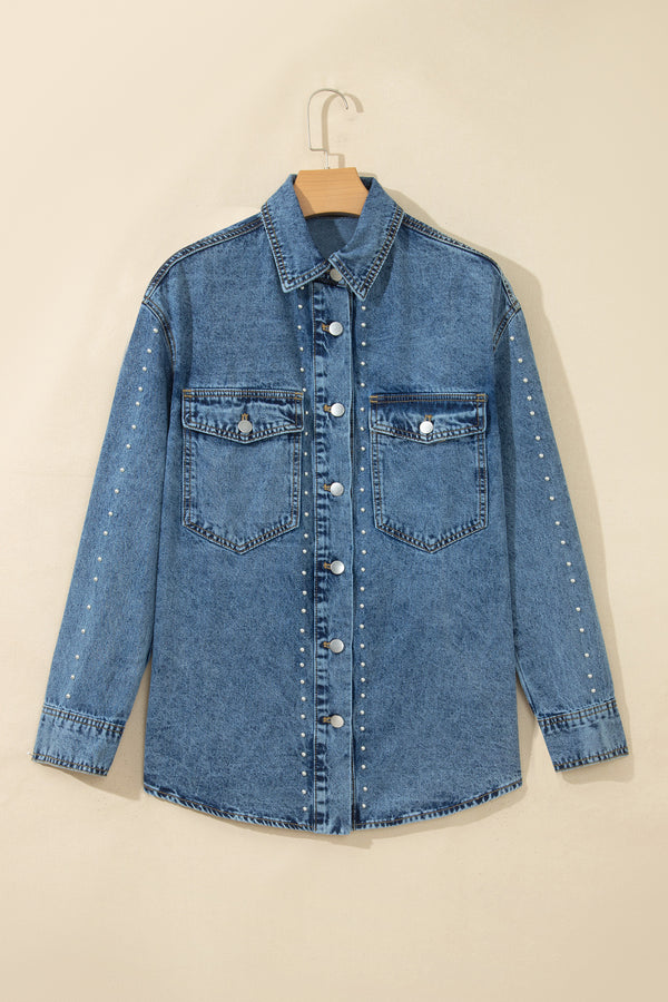 Sail Blue Rivet Embellished Western Style Regular Fit Long Sleeve Denim Jacket