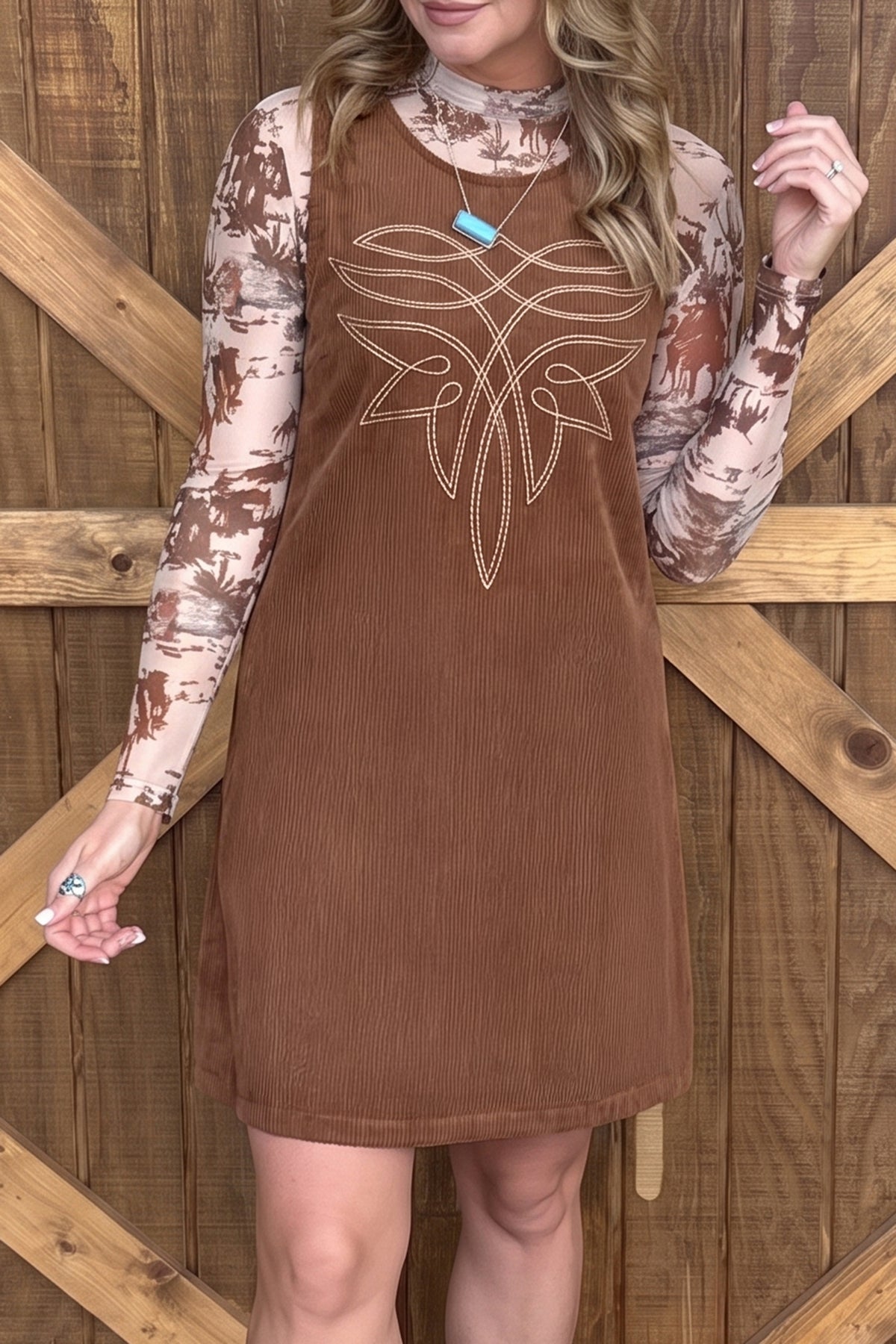 Coffee Geometric Embroidery Sleeveless Corduroy Shift Dress Main image