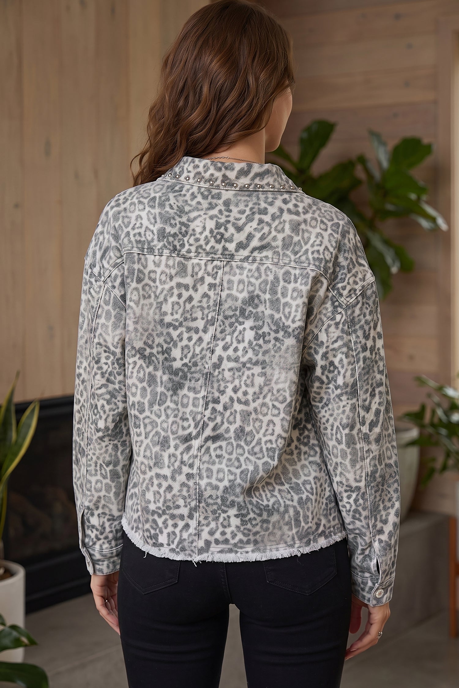 Khaki Leopard Print Studded Collar Studded Patch Pocket 100% Cotton Denim Jacket Secondary image