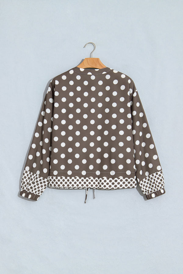 Brown Polka Dot Contrast Detail Zip-Up Long Sleeve Shacket