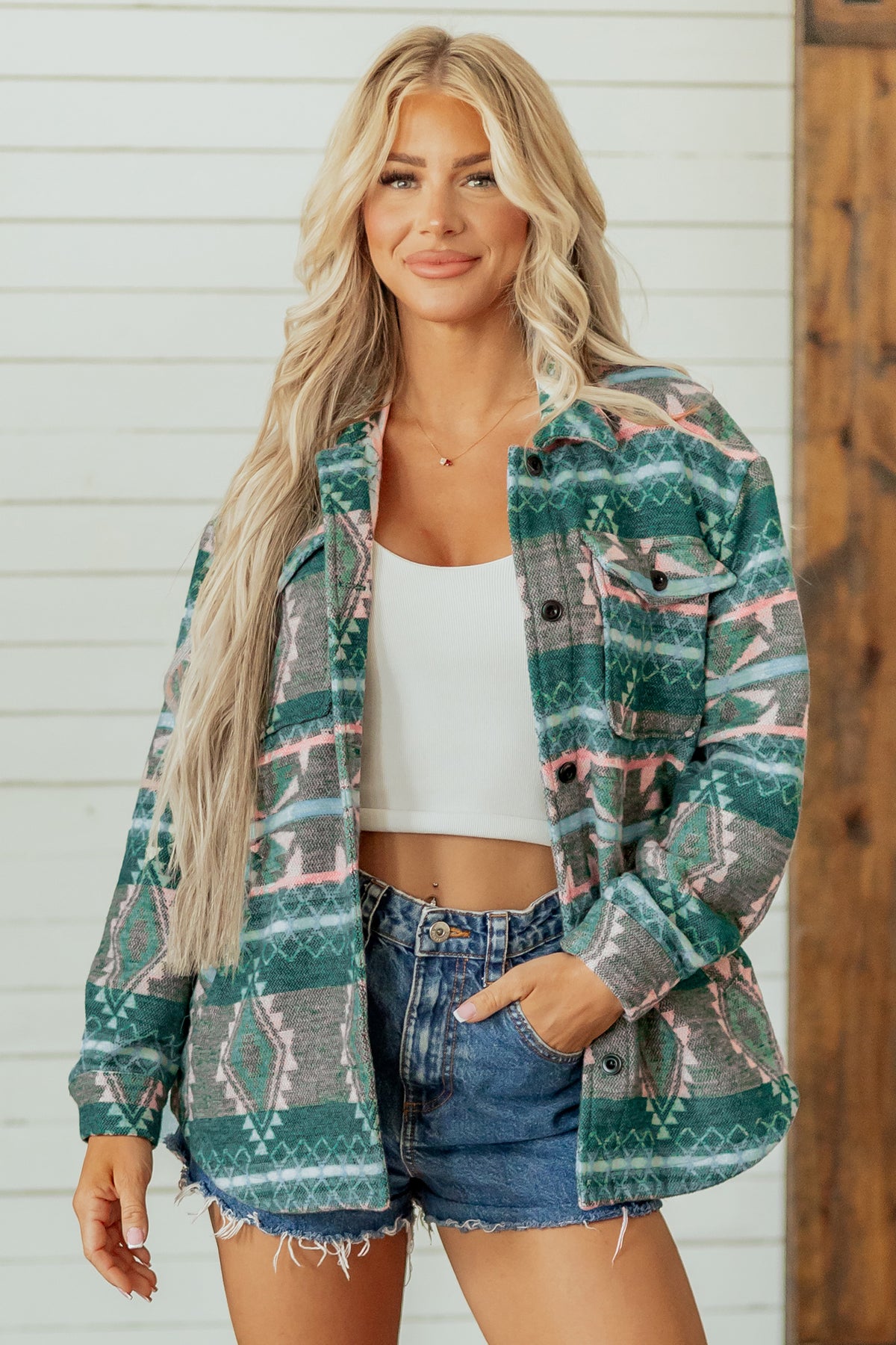 Green Geometric Print Button Front Long Sleeve Shacket Main image