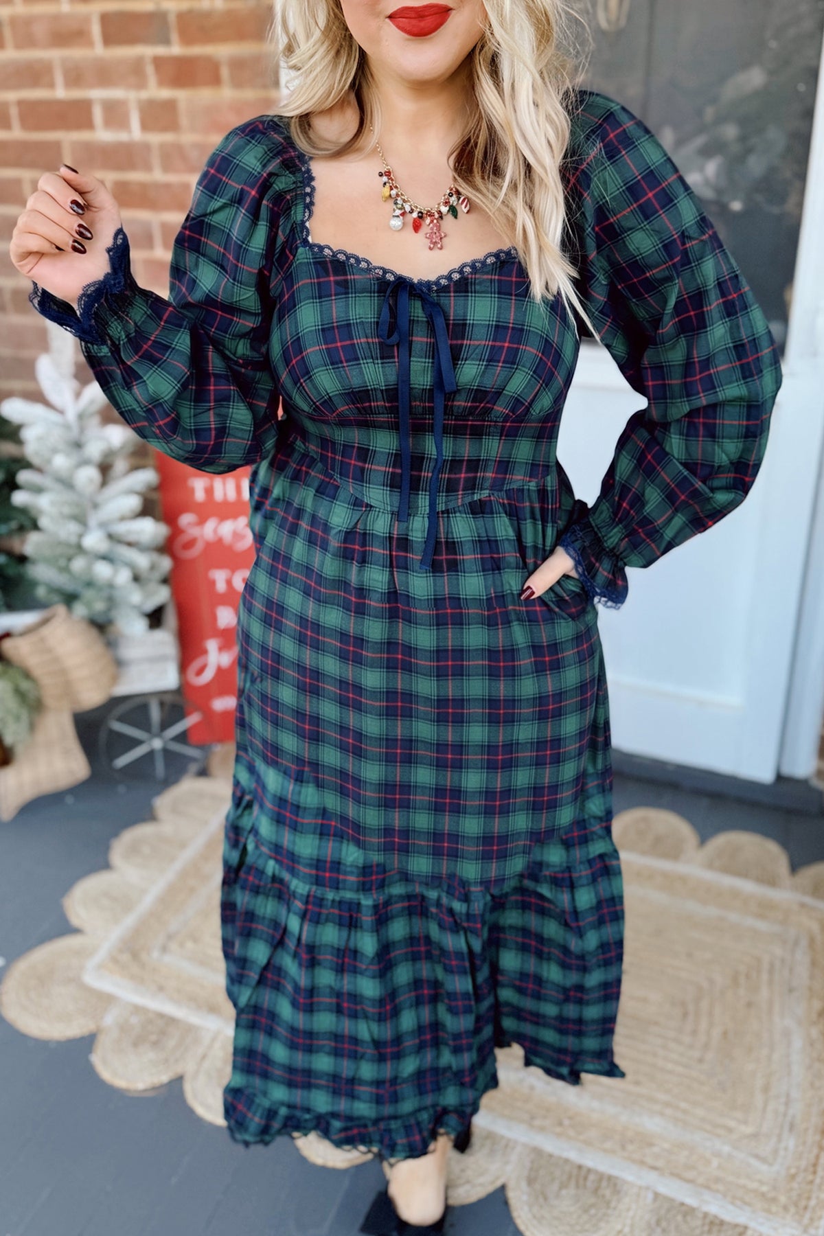 Green Vintage Plaid Square Neck Lace Trim Long Sleeve Shift Dress Main image