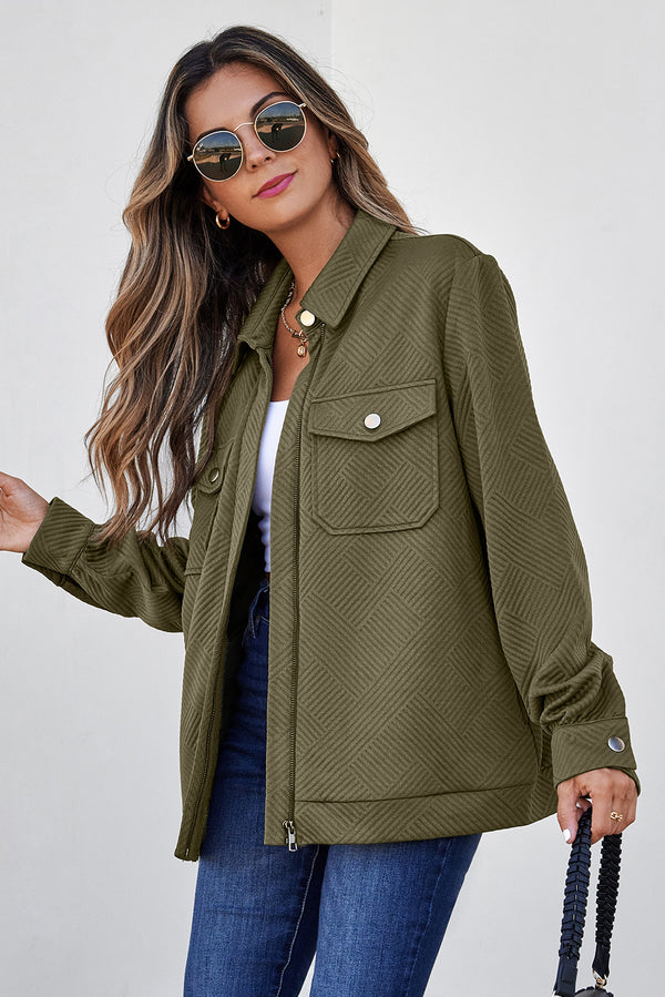 Blackish Green Solid Color Zip Up Button Flap Pocket Shirt Collar Jackets