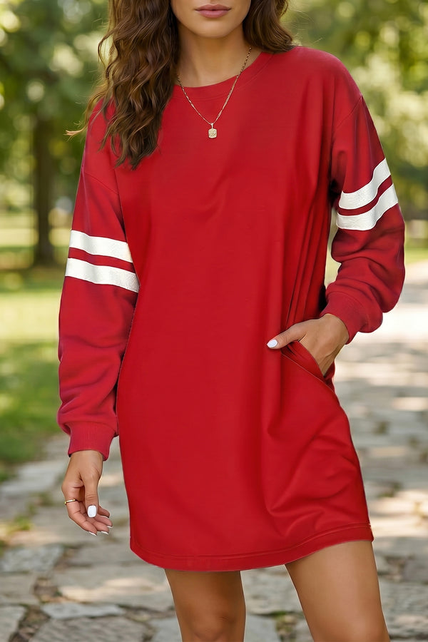 Tillandsia Purple Varsity Contrast Banded Sleeve Shift Sweatshirt Dress