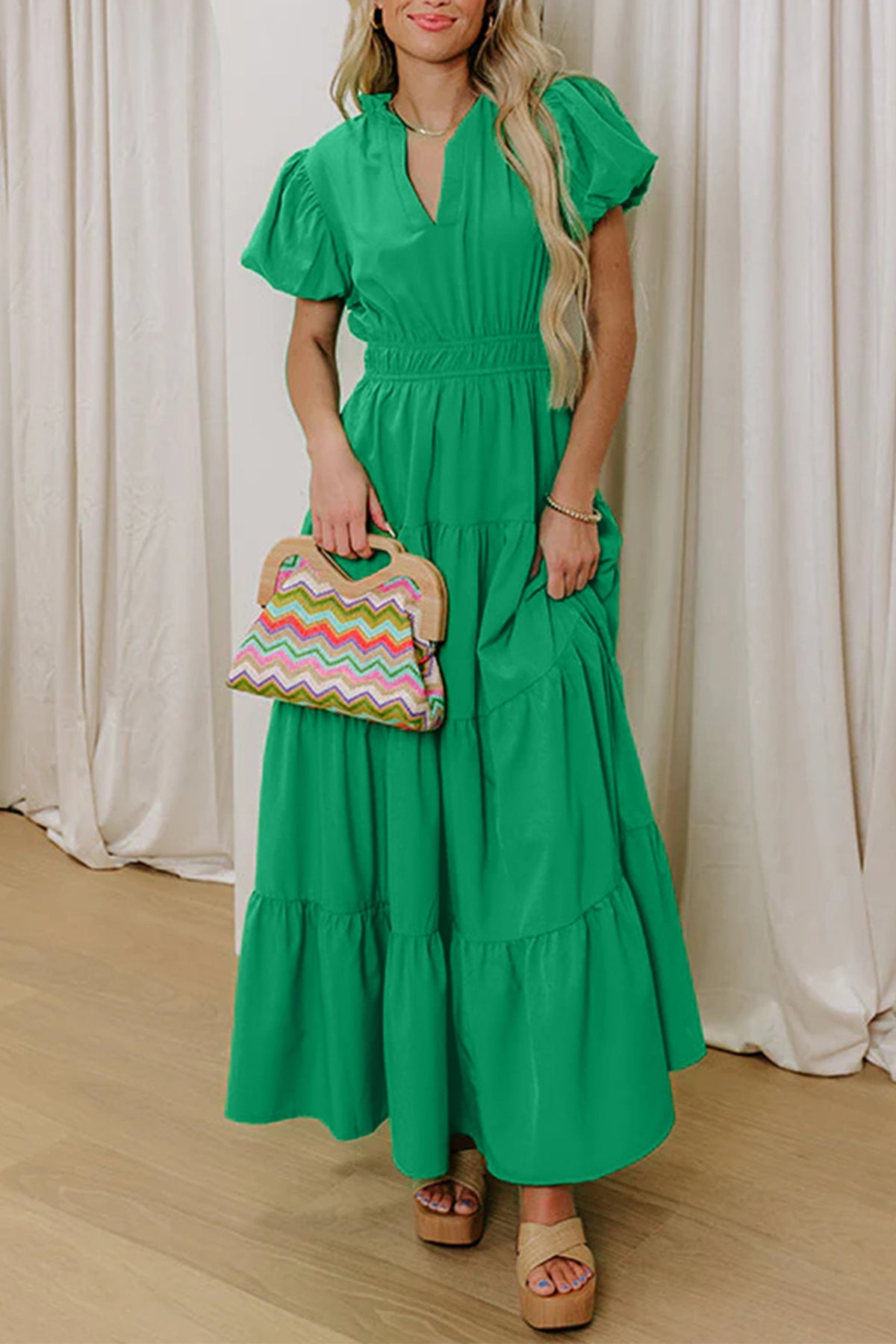 Bright Green Solid Color V Neck Short Puff Sleeve High Waist Tiered Maxi Dress Main image