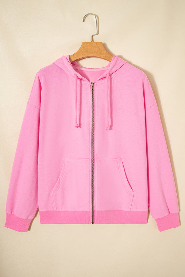 Sachet Pink Solid Color Ribbed Zip Up Drawstring Hooded Jacket