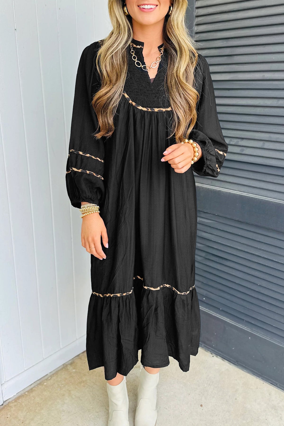 Black Contrast Leopard Trim Split Neck Long Sleeve Casual Midi Dress Main image