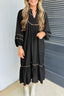 Black Contrast Leopard Trim Split Neck Long Sleeve Casual Midi Dress