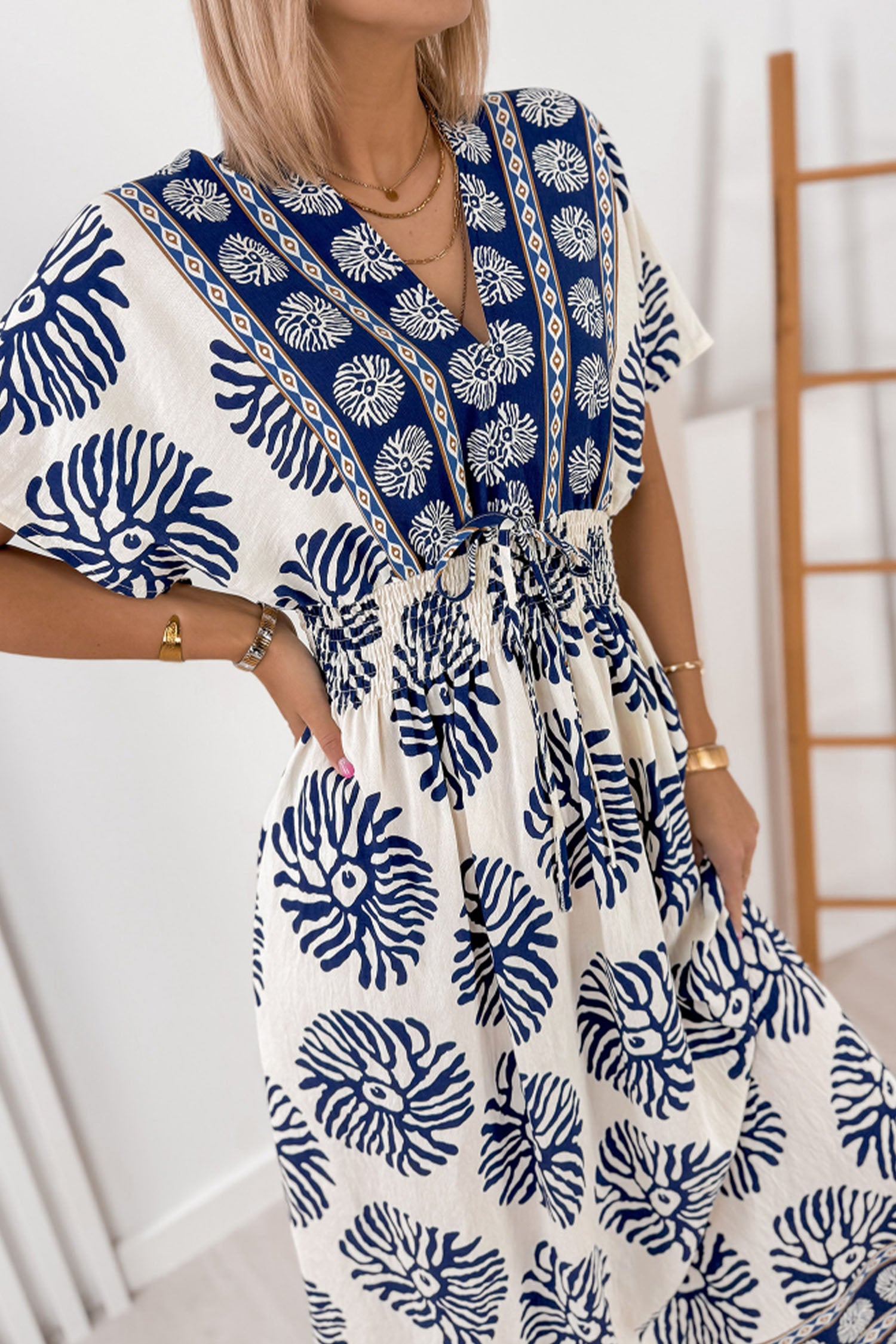 Blue Boho Floral Print Contrast Patchwork V Neck Dolman Maxi Dress Secondary image