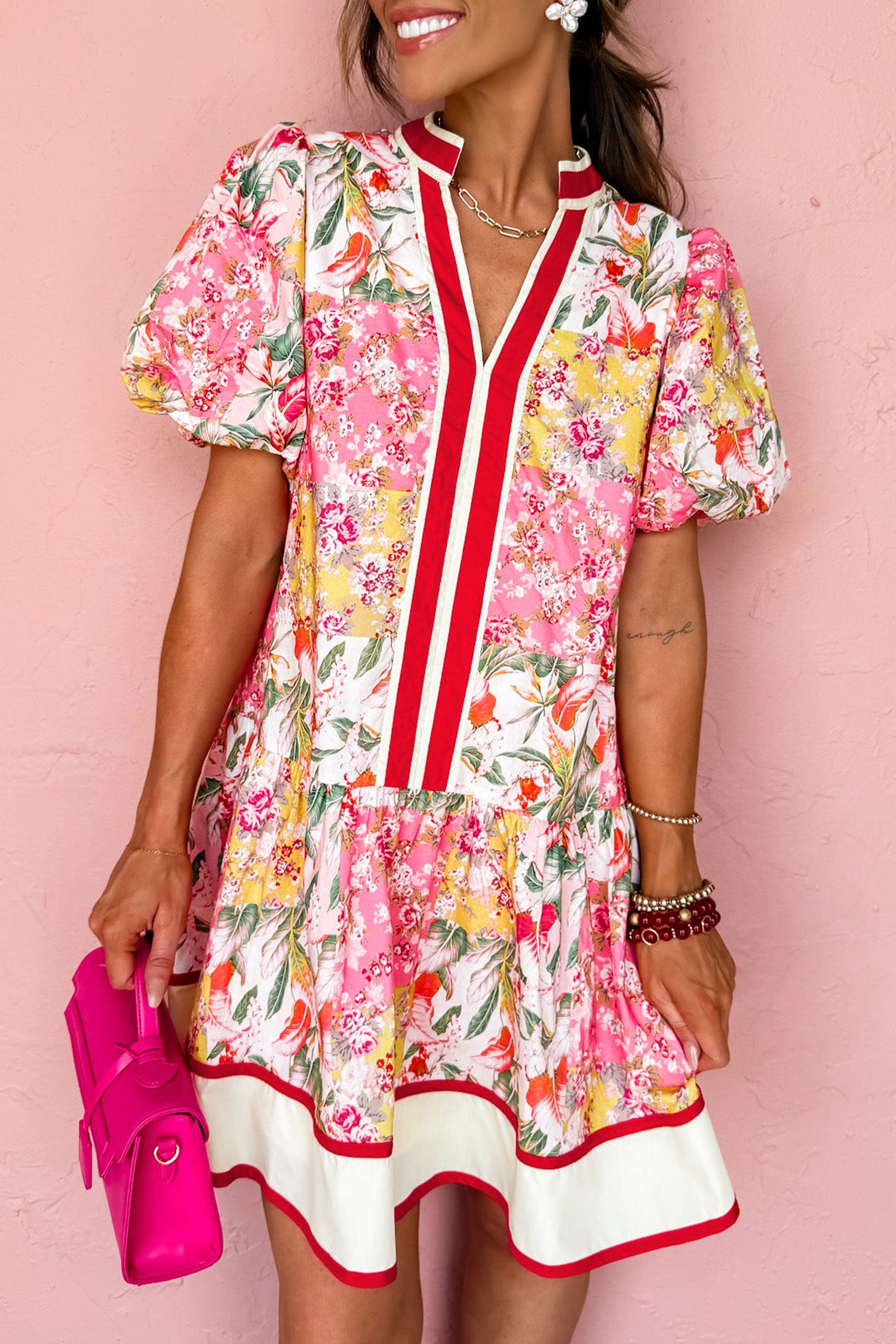 Pink Color Block Floral Print Contrast Trim V Neck Ruffle Hem Mini Dress Secondary image